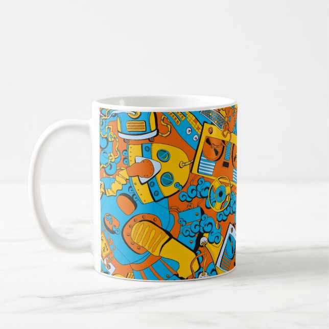 Seamless old school pattern, robots and tapes coffee mug (Left)