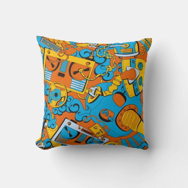 Seamless old school pattern, robots and tapes cushion (Front)