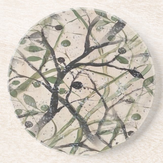 Seamless Olive Branch Abstract Art Pattern Coaster (Front)