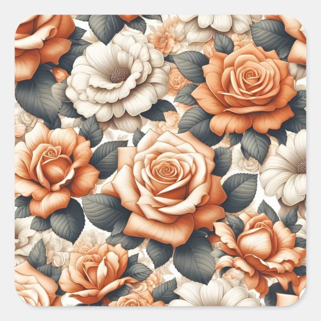 Seamless Orange and White Rose Pattern Square Sticker (Front)