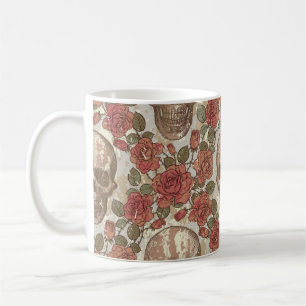 Seamless ornament in a retro style with skulls and coffee mug