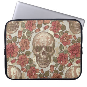 Seamless ornament in a retro style with skulls and laptop sleeve