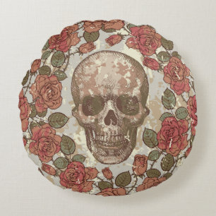 Seamless ornament in a retro style with skulls and round cushion