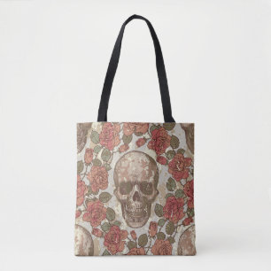 Seamless ornament in a retro style with skulls and tote bag