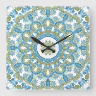 Seamless ornamental blue green white decor decorat square wall clock