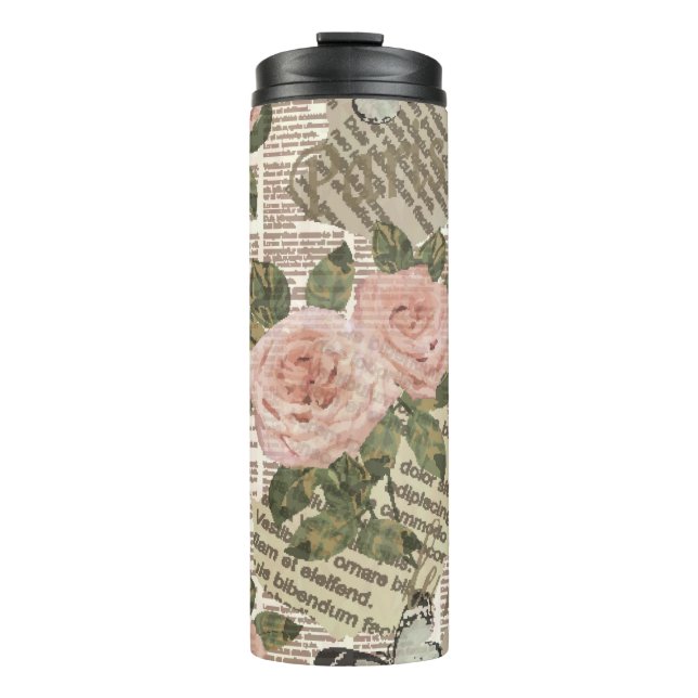 Seamless Paris travel wallpaper. Vintage newspaper Thermal Tumbler (Front)