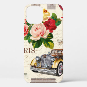 Seamless Paris vintage background with retro car, iPhone 12 Case
