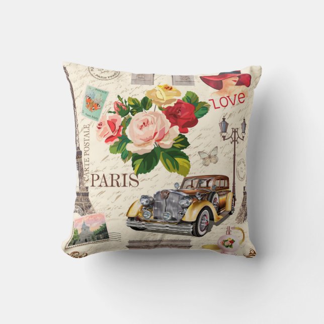 Seamless Paris vintage background with retro car,  Cushion (Front)