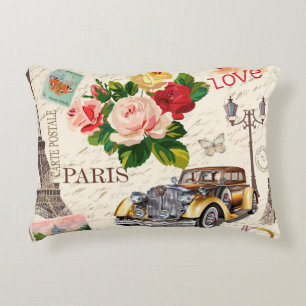 Seamless Paris vintage background with retro car, Decorative Cushion