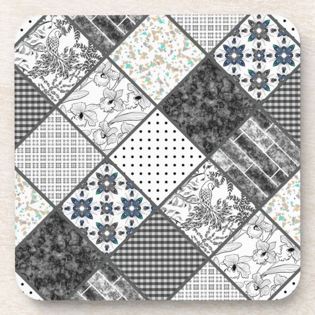 Seamless patchwork monochrom black grey white patc coaster (Front)