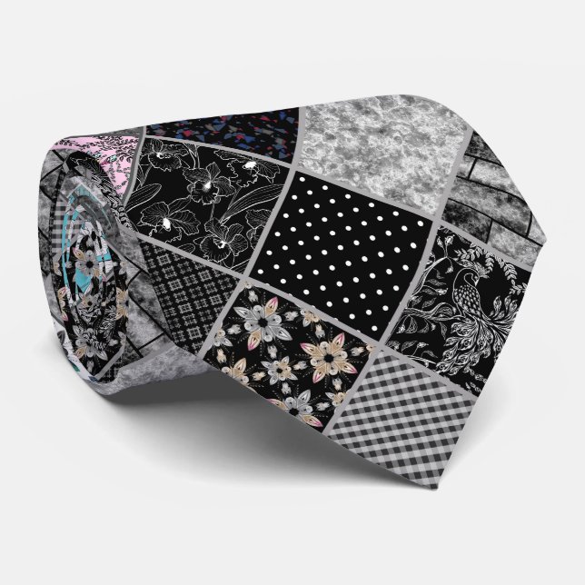 Seamless patchwork monochrom black grey white patc tie (Rolled)