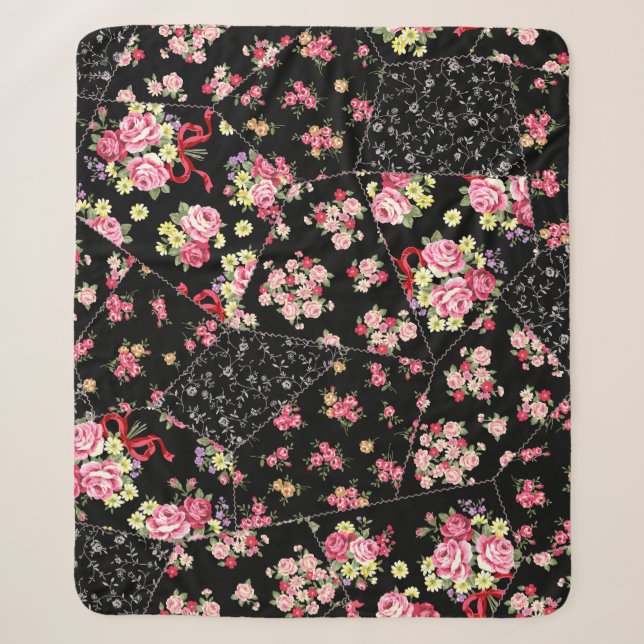 Seamless patchwork of pretty floral design sherpa blanket (Front)