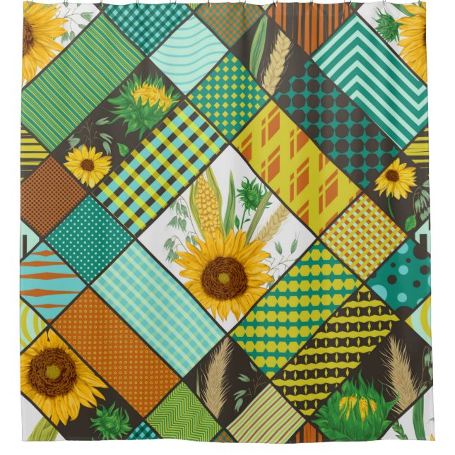 Seamless patchwork pattern with cereals, sunflower shower curtain (Front)