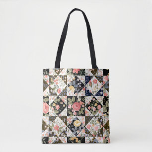 seamless patchwork pattern with flowers tote bag