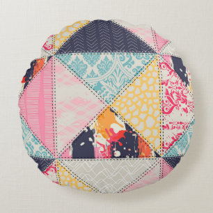 Seamless Patchwork style pattern. Round Cushion