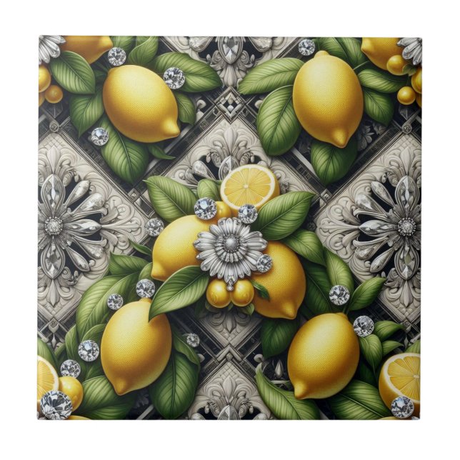 Seamless Pattern B&W Art Deco Lemons and Diamonds Tile (Front)