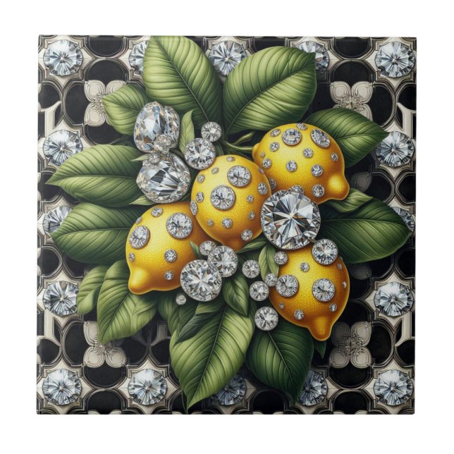 Seamless Pattern B&W Art Deco Lemons and Diamonds Tile (Front)