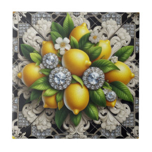 Seamless Pattern B&W Art Deco Lemons and Diamonds Tile