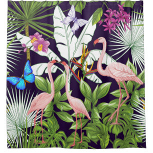 Seamless pattern, background with flamingo and tro shower curtain