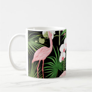 Seamless pattern, background with tropical plants, coffee mug