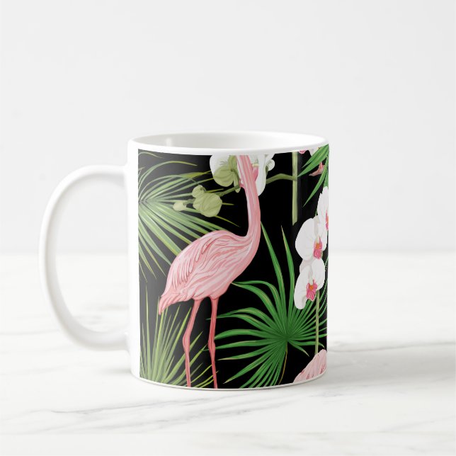 Seamless pattern, background with tropical plants, coffee mug (Left)