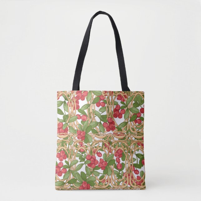 Seamless pattern cranberry in a wicker basket made tote bag (Front)