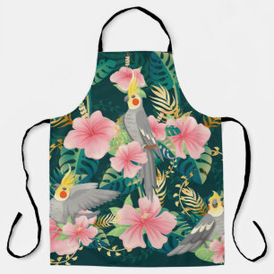 Seamless pattern cute cockatiel parrot sits on gre apron