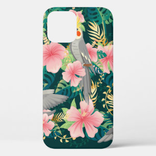 Seamless pattern cute cockatiel parrot sits on gre iPhone 12 case