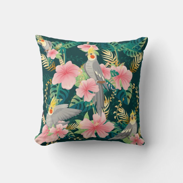 Seamless pattern cute cockatiel parrot sits on gre cushion (Front)