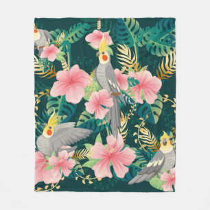 Seamless pattern cute cockatiel parrot sits on gre fleece blanket