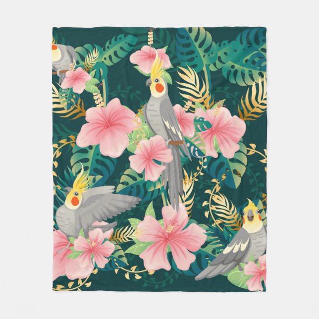 Seamless pattern cute cockatiel parrot sits on gre fleece blanket (Front)