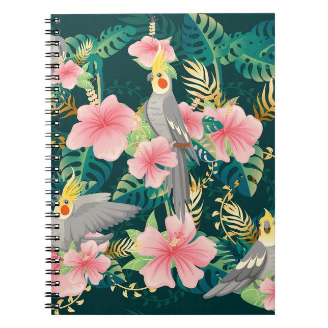 Seamless pattern cute cockatiel parrot sits on gre notebook (Front)