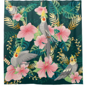 Seamless pattern cute cockatiel parrot sits on gre shower curtain
