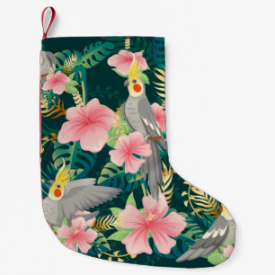 Seamless pattern cute cockatiel parrot sits on gre small christmas stocking