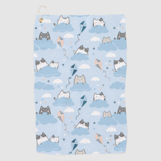 Seamless Pattern Cute Kawaii Cats clouds kite Golf Towel