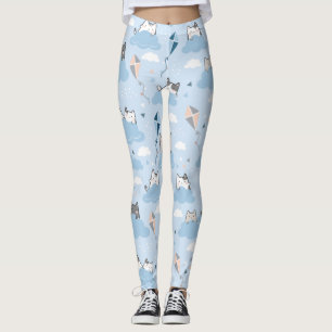 Seamless Pattern Cute Kawaii Cats clouds kite Leggings