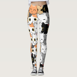 Seamless Pattern Cute Kawaii Cats heart line Leggings