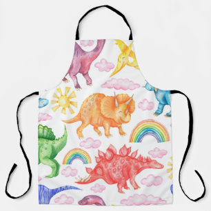 Seamless pattern depicting colored dinosaurs, rain apron