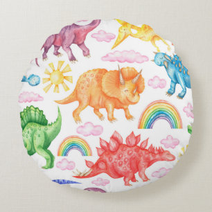 Seamless pattern depicting coloured dinosaurs, rai round cushion