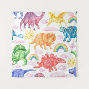 Seamless pattern depicting coloured dinosaurs, rai tapestry