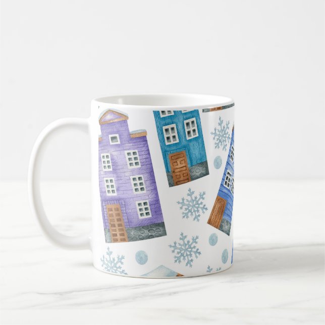 Seamless pattern depicting winter houses and snowf coffee mug (Left)