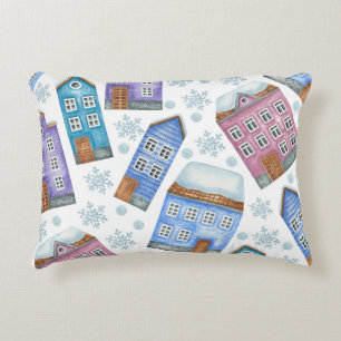 Seamless pattern depicting winter houses and snowf decorative cushion