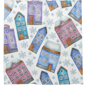 Seamless pattern depicting winter houses and snowf shower curtain