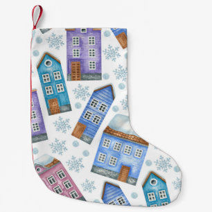 Seamless pattern depicting winter houses and snowf small christmas stocking