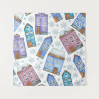 Seamless pattern depicting winter houses and snowf