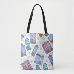 Seamless pattern depicting winter houses and snowf tote bag