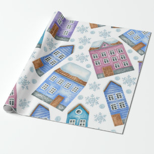 Seamless pattern depicting winter houses and snowf wrapping paper