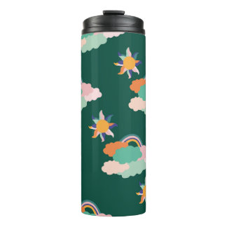 Seamless pattern design with colourful clouds and  thermal tumbler