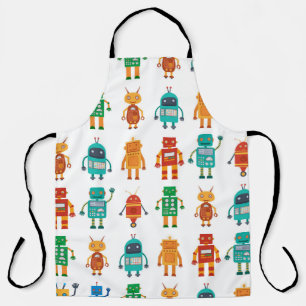 Seamless pattern from colorful retro robots in a f apron