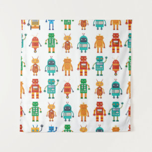 Seamless pattern from colorful retro robots in a f tapestry